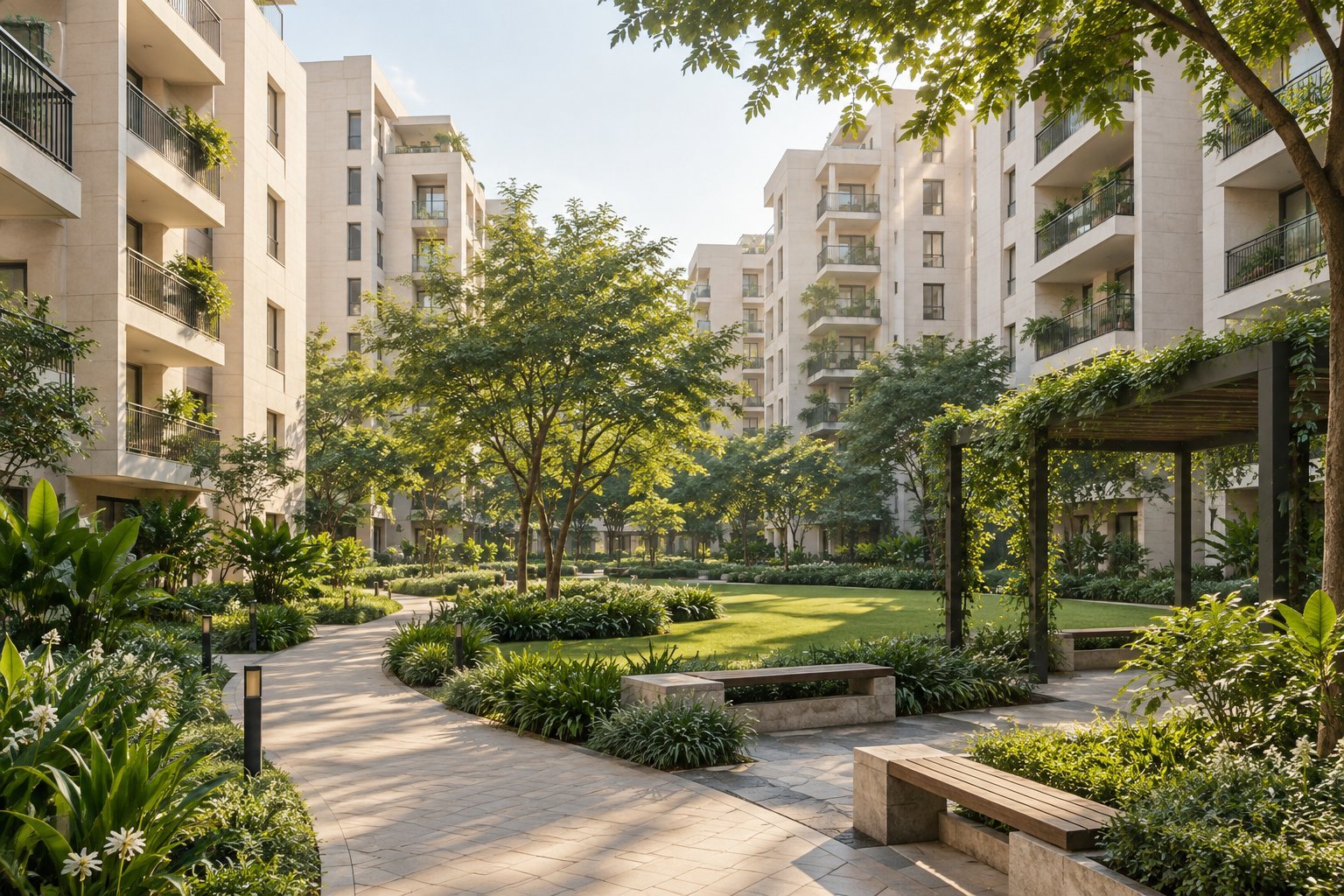 Illustrative residential community with a shared green courtyard